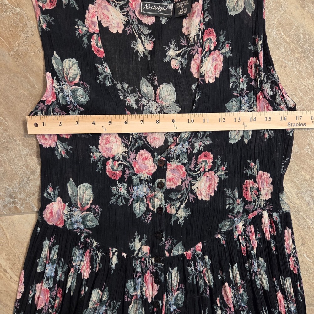Vintage 90s‎ Nostalgia Womens Black Floral Crinkle Rayon Button Front Maxi S - Picture 3 of 9